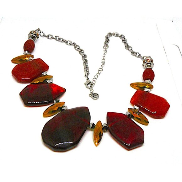 Designer VTG Chunky Red & Amber Statement Necklace w Adjustable Chain Silvertone - Picture 1 of 3